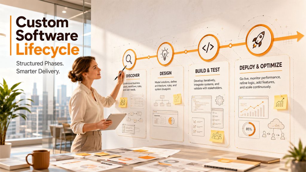 Bespoke software project team planning discovery, development, testing, and live deployment for a custom business solution.