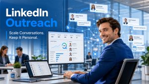 LinkedIn Outreach strategy showing personalized B2B prospecting, connection requests, and follow-up messages for lead generation.