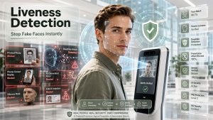 Liveness detection technology verifying a real human face to prevent deepfakes and presentation attacks during biometric authentication.