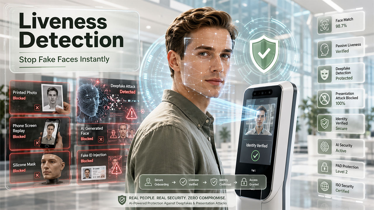 Liveness detection technology verifying a real human face to prevent deepfakes and presentation attacks during biometric authentication.