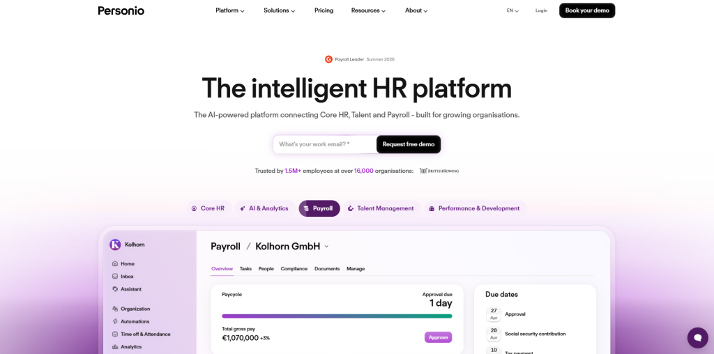 Personio user-friendly HRIS software dashboard for employee self-service, HR management, and payroll