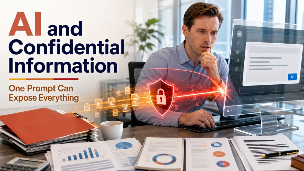 Professional protecting confidential information while using AI in business communications to ensure data privacy and secure collaboration.
