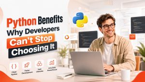 Python benefits including readable syntax, extensive libraries, AI support, and faster software development