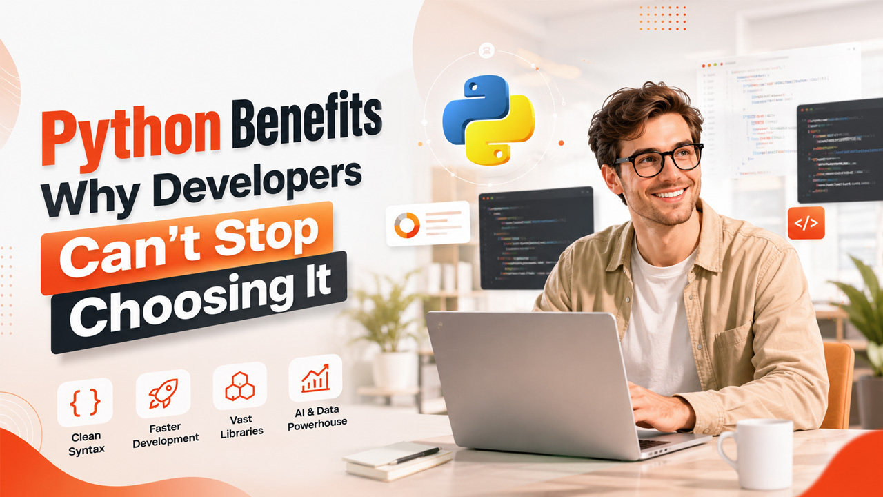 Python benefits including readable syntax, extensive libraries, AI support, and faster software development