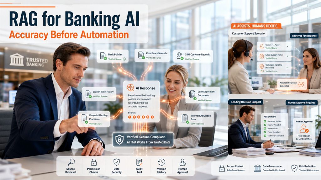 RAG in banking uses approved documents and CRM data to generate secure, accurate AI responses.