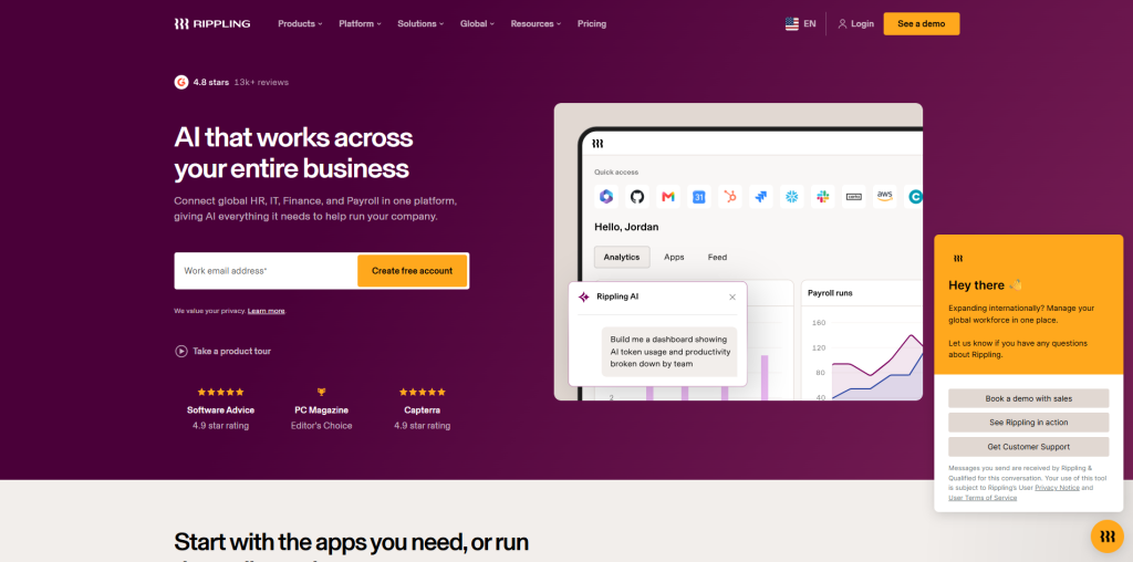 Rippling user-friendly HRIS software dashboard for HR, payroll, IT management, and employee onboarding