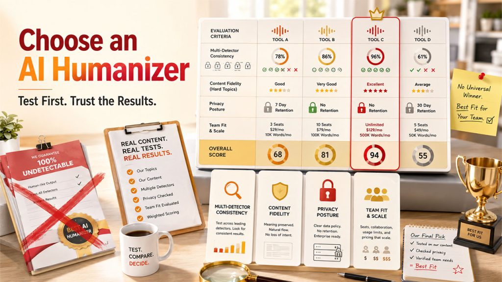 Comparison chart evaluating AI Humanizers based on detection accuracy, content fidelity, privacy, pricing, and team collaboration features.