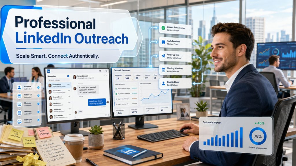 LinkedIn Outreach automation dashboard showing personalized follow-up messages, connection requests, and automated workflows for B2B lead generation.