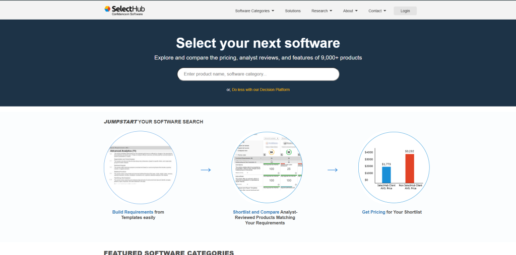SelectHub software comparison platform for evaluating CRM and business software based on features, requirements, and user reviews.