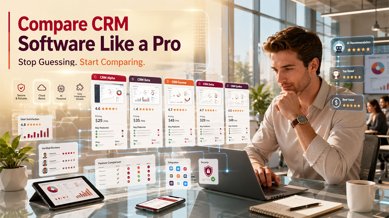 Software comparison platforms helping businesses compare CRM and business software based on features, pricing, reviews, and usability.