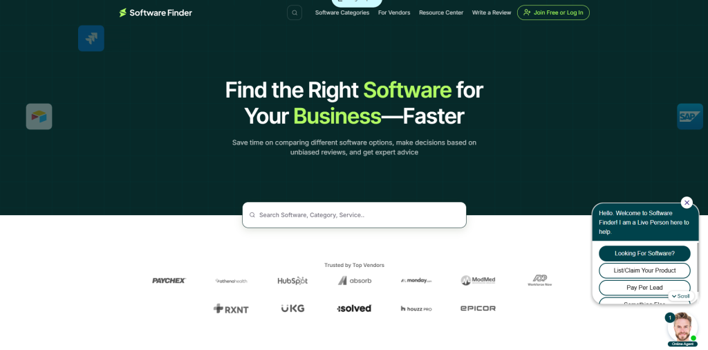 Software Finder platform for comparing CRM and business software with reviews, pricing, and feature comparisons.