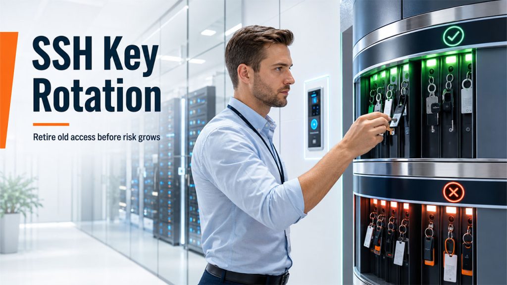 SSH key rotation process showing automated key renewal, expiration management, and secure access control.