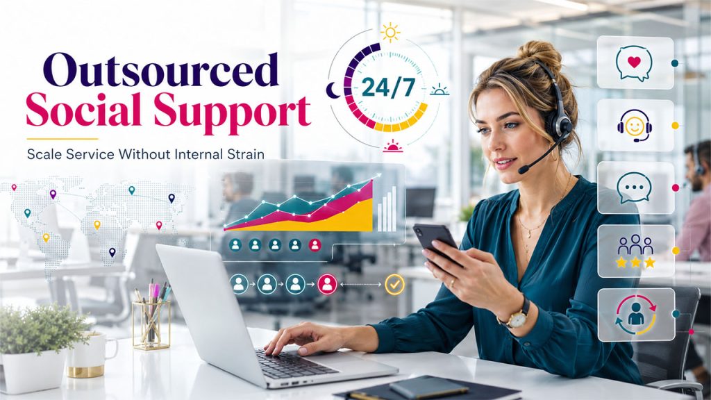 Comparison of outsourced social media customer service and internal support teams showing scalability, 24/7 coverage, and operational efficiency.