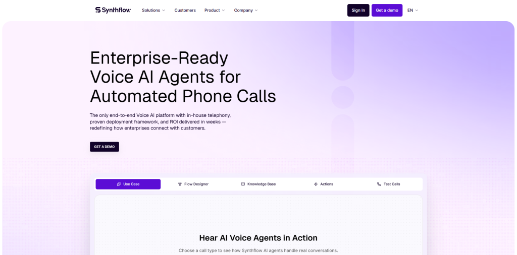 Synthflow AI voice agent platform with a no-code builder for automating inbound and outbound business phone calls.