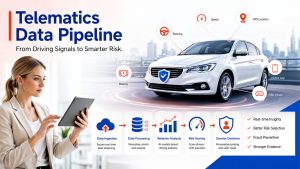 Illustration of telematics data integration in insurance showing connected vehicles, IoT sensors, cloud APIs, and real-time analytics for risk assessment.