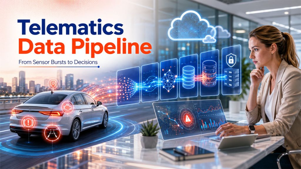 Telematics data integration in insurance showing a connected vehicle, IoT sensors, cloud data pipeline, APIs, and real-time analytics for underwriting and claims.