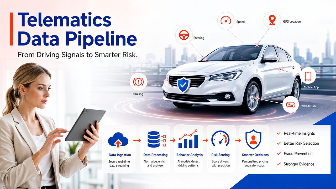 Illustration of telematics data integration in insurance showing connected vehicles, IoT sensors, cloud APIs, and real-time analytics for risk assessment.