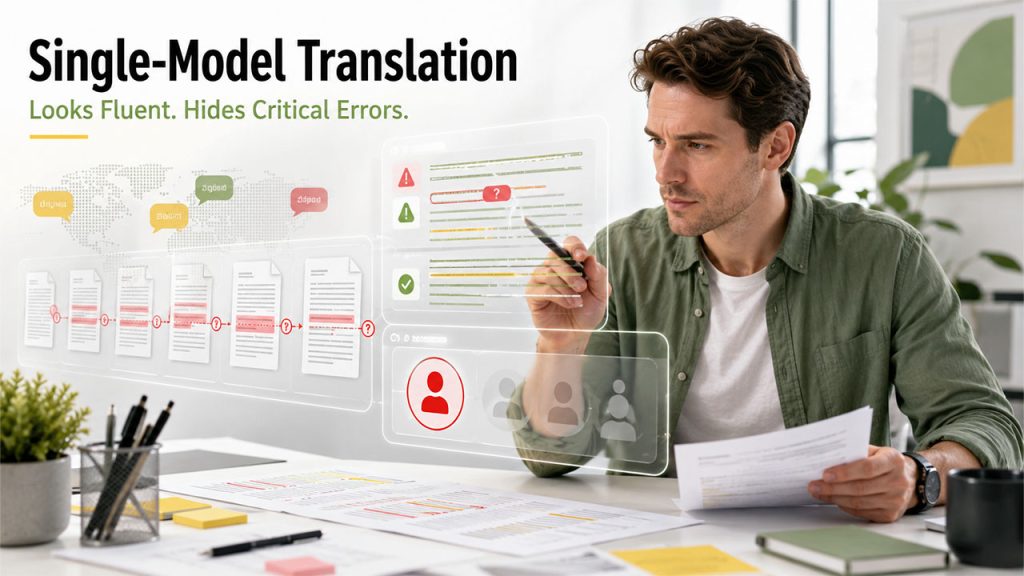 Illustration showing the three blind spots of a single AI translation model, including hidden errors, inconsistent terminology, and lack of cross-model verification.