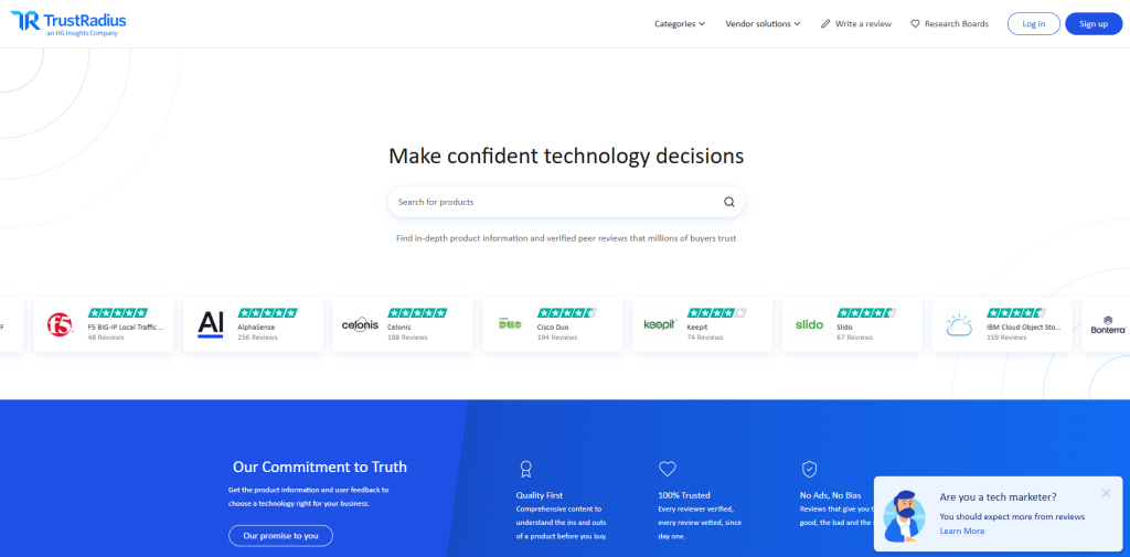 TrustRadius software comparison platform displaying verified customer reviews and detailed software comparisons for CRM and business tools.