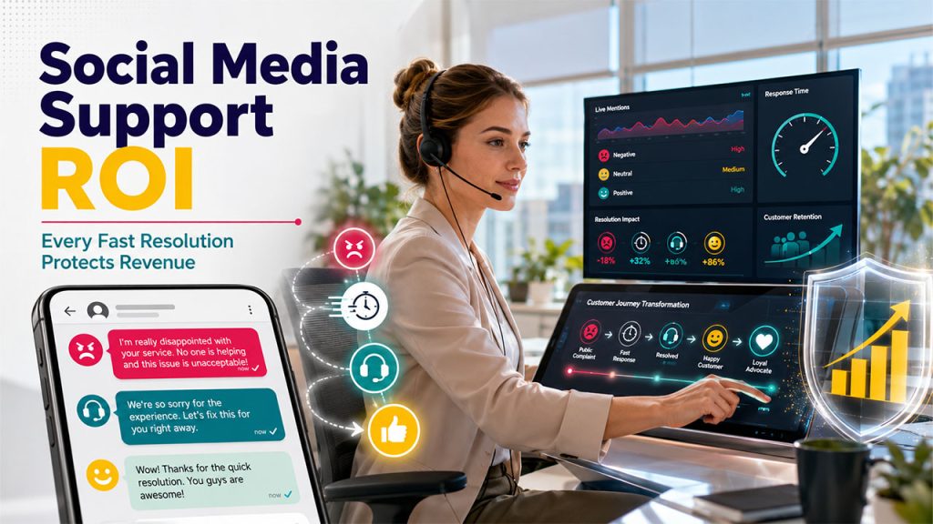 Illustration showing the ROI of outsourced social media customer service through faster response times, customer retention, and improved brand reputation.