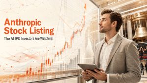 Anthropic stock IPO listing illustration showing AI investment, stock market growth, and public offering concept.