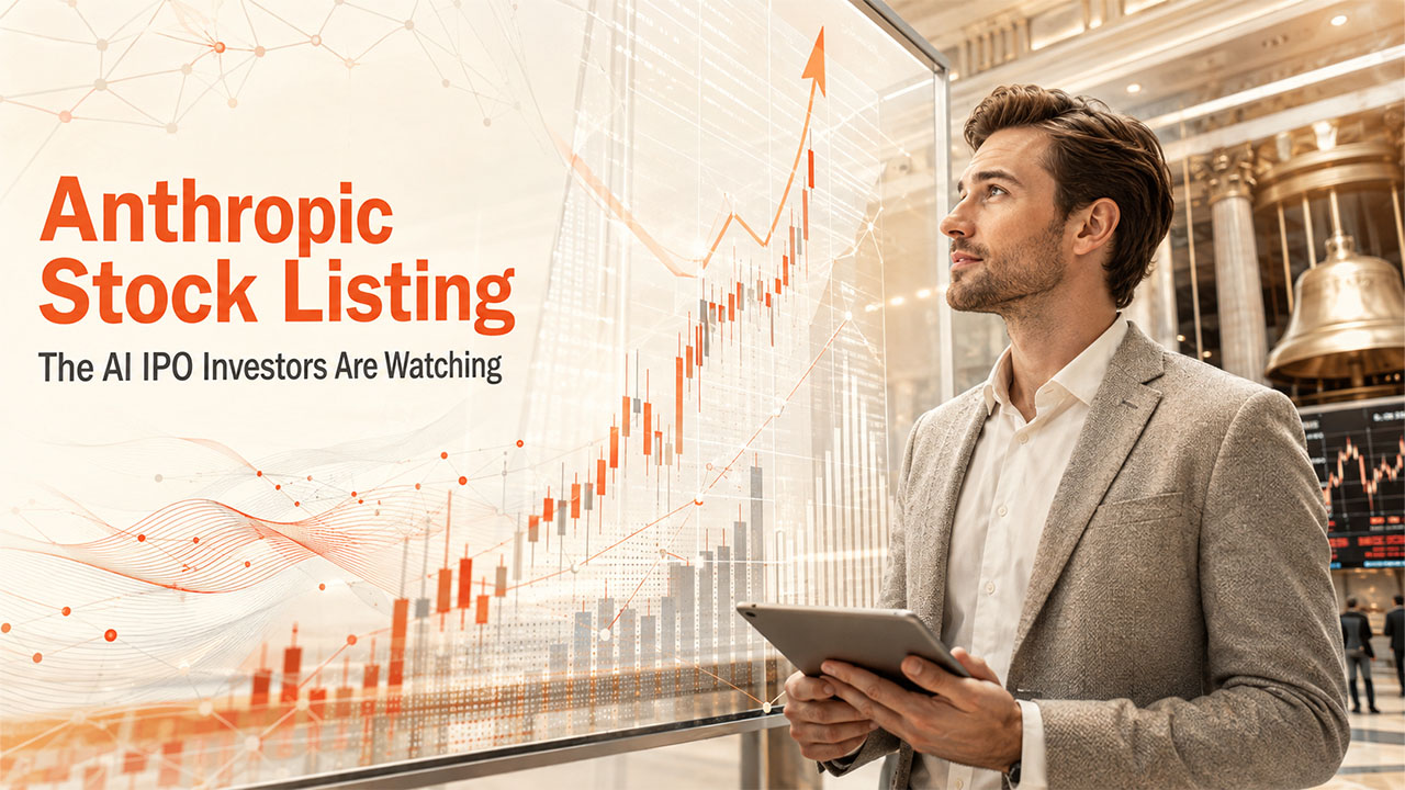 Anthropic stock IPO listing illustration showing AI investment, stock market growth, and public offering concept.