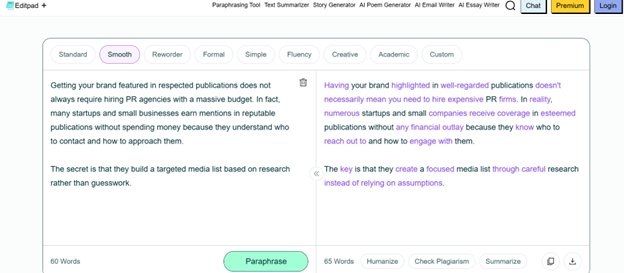 Editpad paraphrasing tool interface showing AI-powered text rewriting with multiple paraphrasing modes