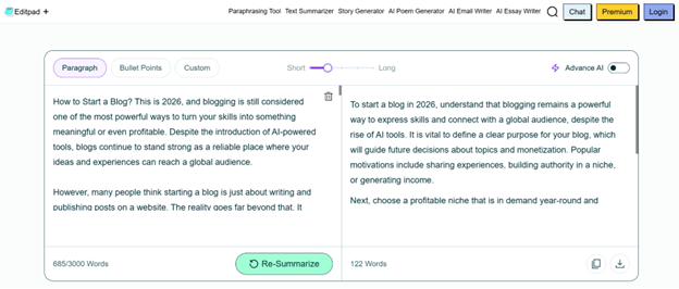 Editpad text summarizer tool interface showing AI-powered content summarization for long articles