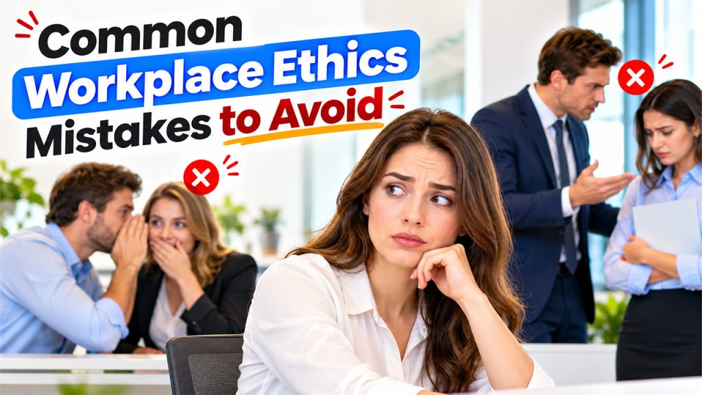 Common workplace ethics mistakes involving gossip, poor communication, and unprofessional behavior