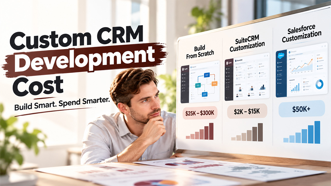 Custom CRM Development Cost comparison showing scratch development, SuiteCRM customization, and Salesforce customization pricing.