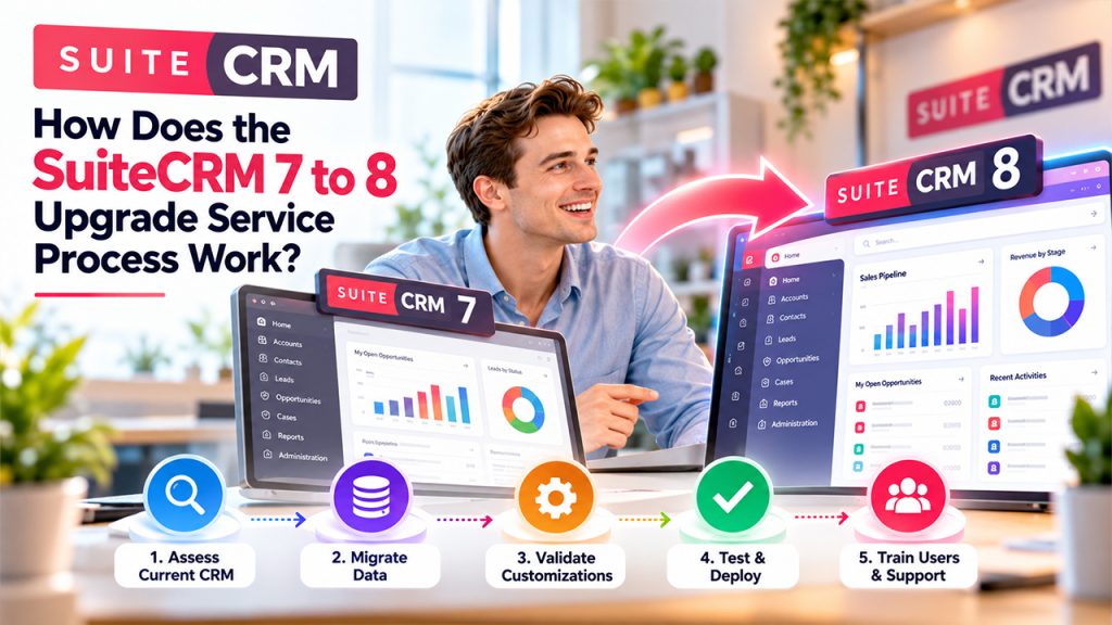 SuiteCRM 7 to 8 Upgrade Service process showing data migration, customization validation, testing, and deployment