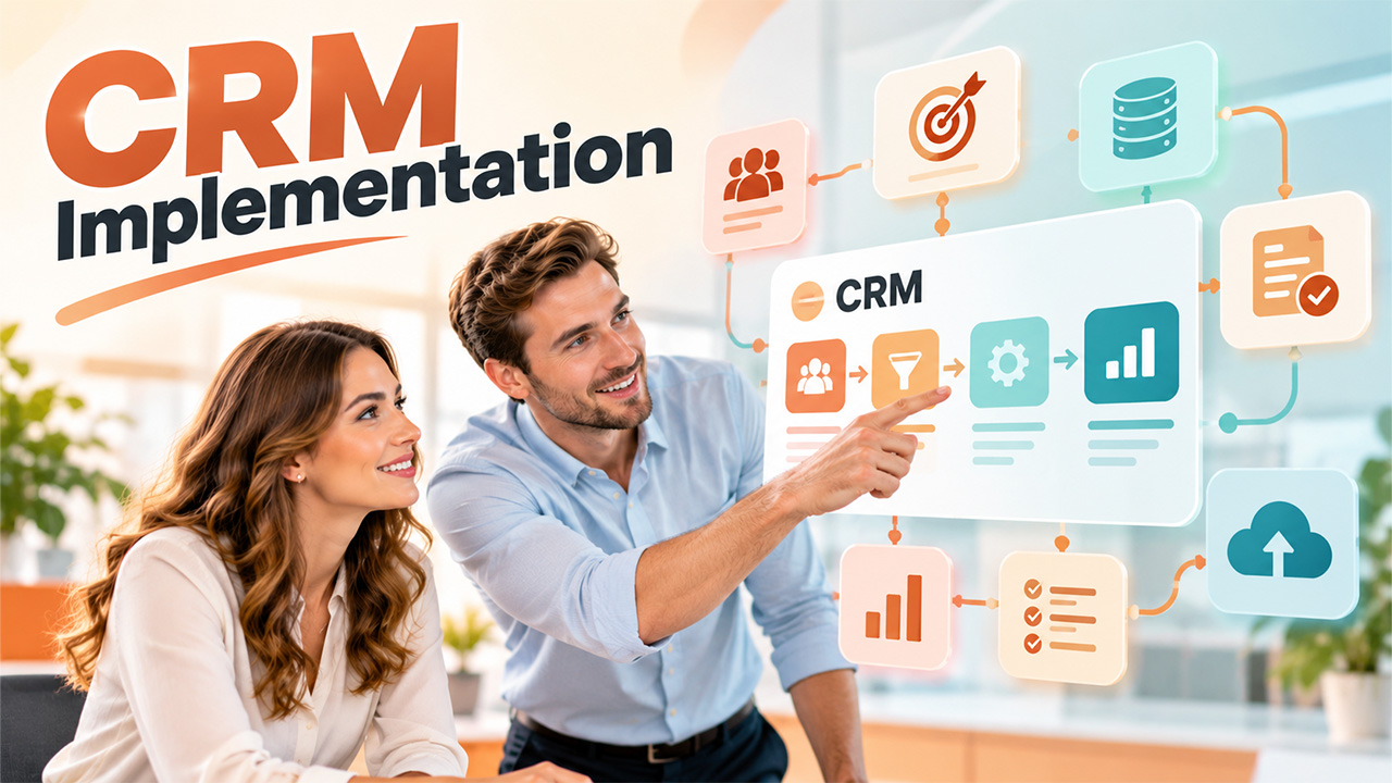 CRM Implementation Plan presentation showing professionals reviewing CRM workflows, customer data, automation, and analytics.
