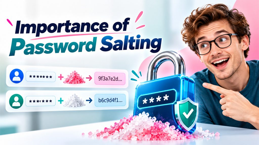 Importance of Password Salting showing unique salts added to passwords before hashing to improve security.