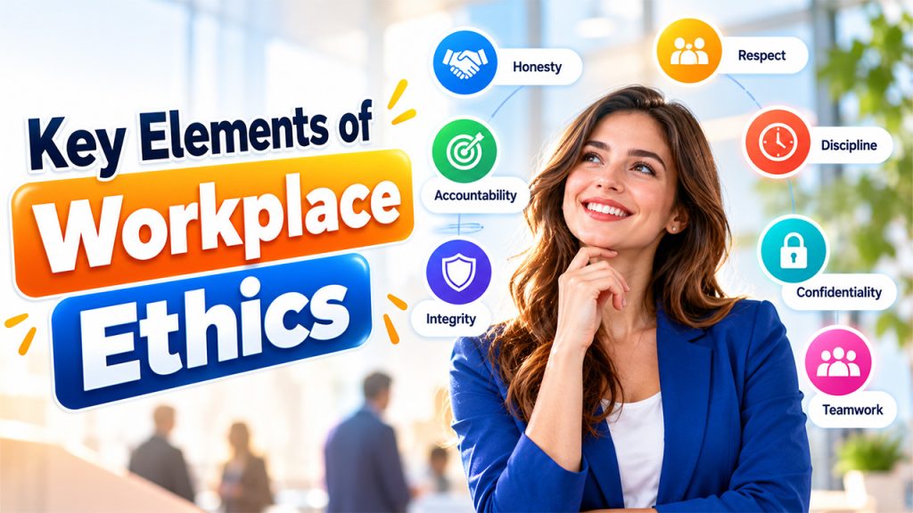 Key elements of workplace ethics including honesty, respect, accountability, integrity, and teamwork