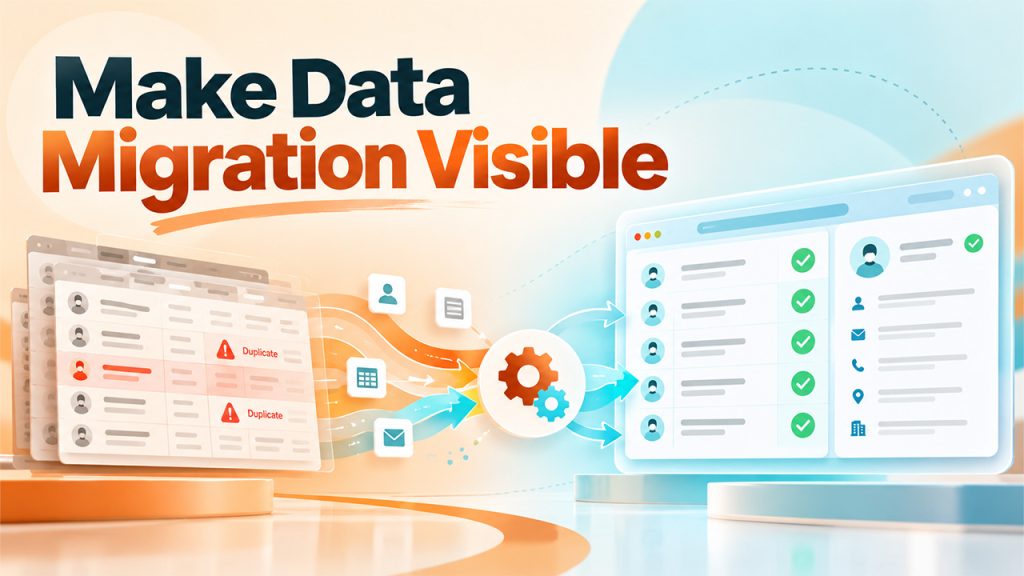 CRM Implementation Plan illustrating data migration, duplicate record detection, data transfer, and validated CRM records.