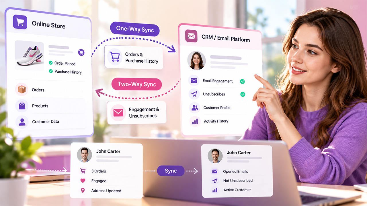 Email Marketing Integration showing one-way and two-way data synchronization between an online store and CRM email platform