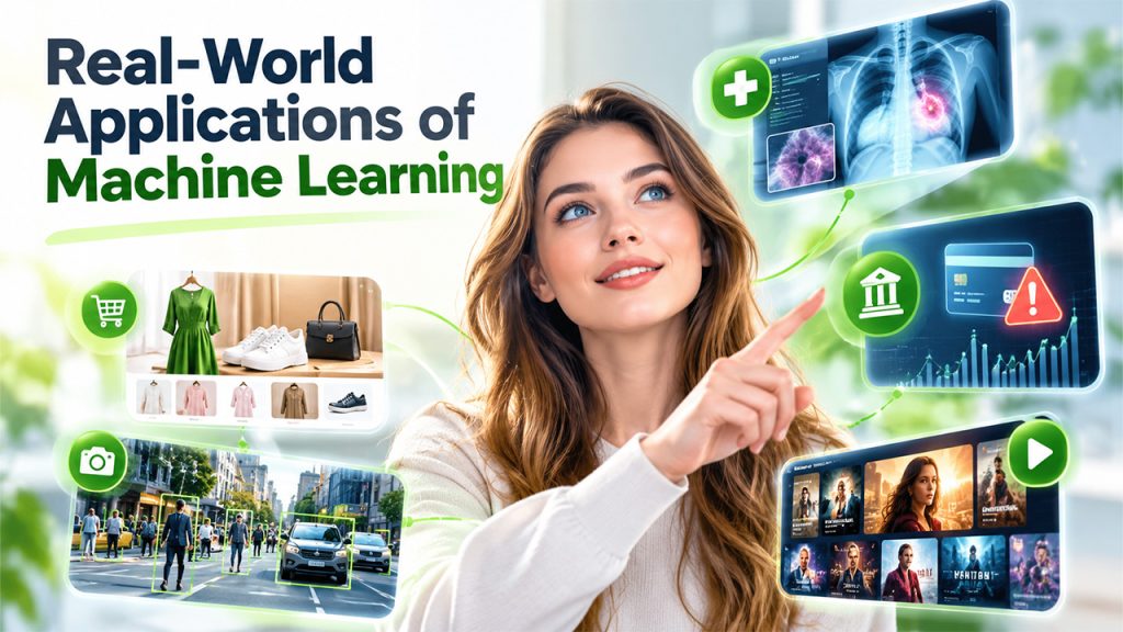 Real-world applications of machine learning in healthcare, e-commerce, fraud detection, transportation, and entertainment.