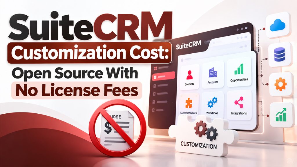 SuiteCRM customization dashboard showing contacts, accounts, opportunities, custom modules, workflows, and integrations.