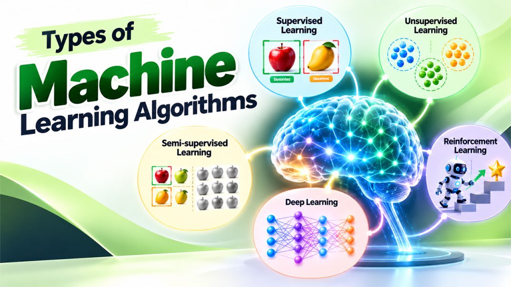 What is machine learning? Diagram showing supervised, unsupervised, semi-supervised, reinforcement, and deep learning algorithms.