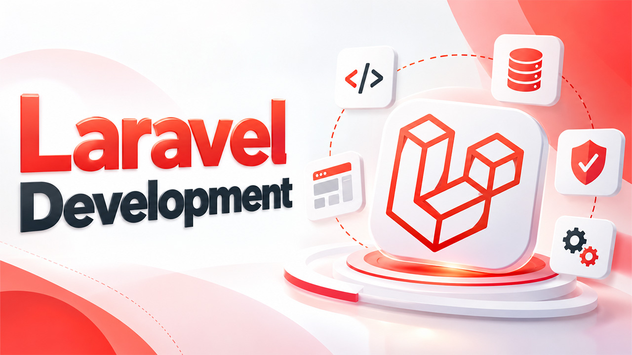 Laravel Development illustration featuring the Laravel framework logo, backend systems, API development, and web application security.