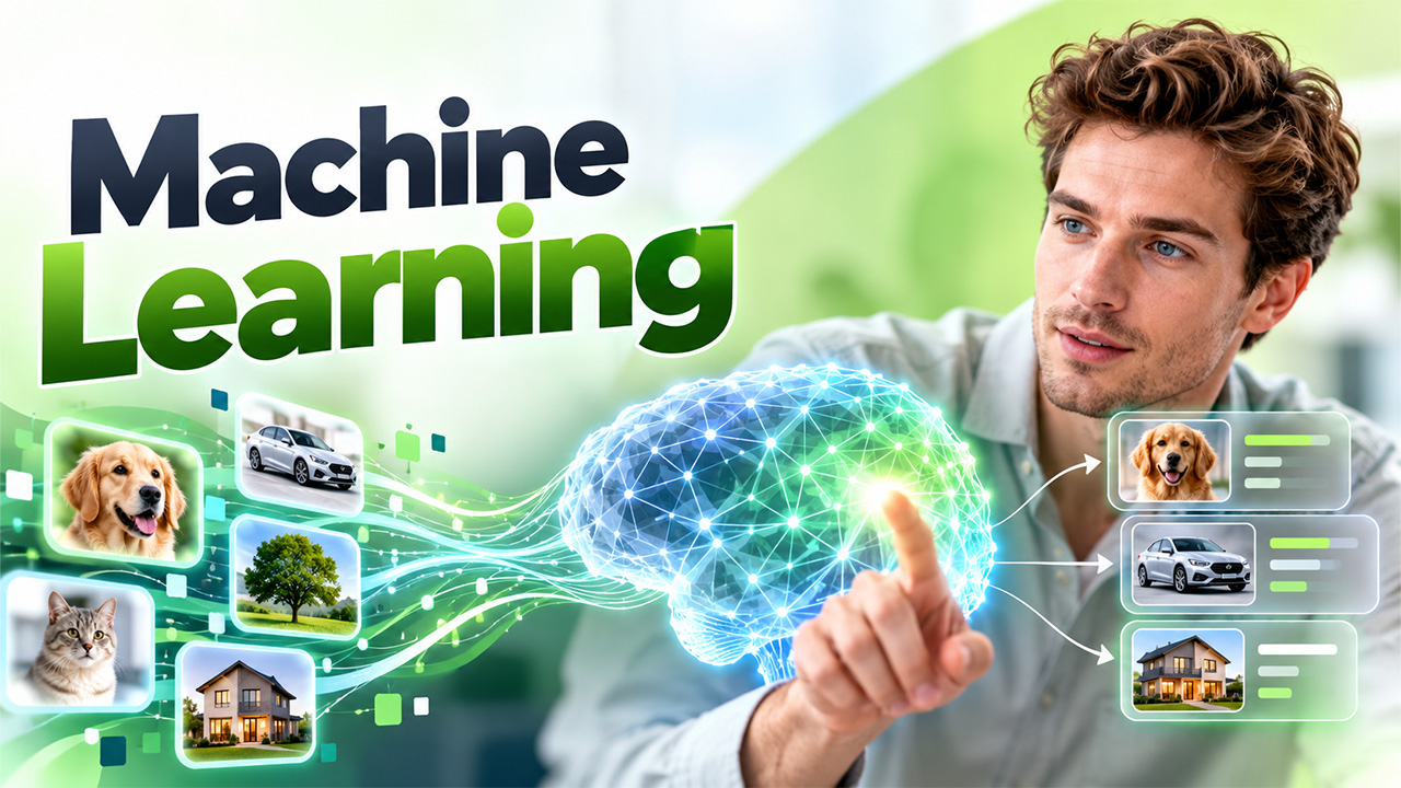 Illustration explaining what is machine learning using neural networks and image classification examples.