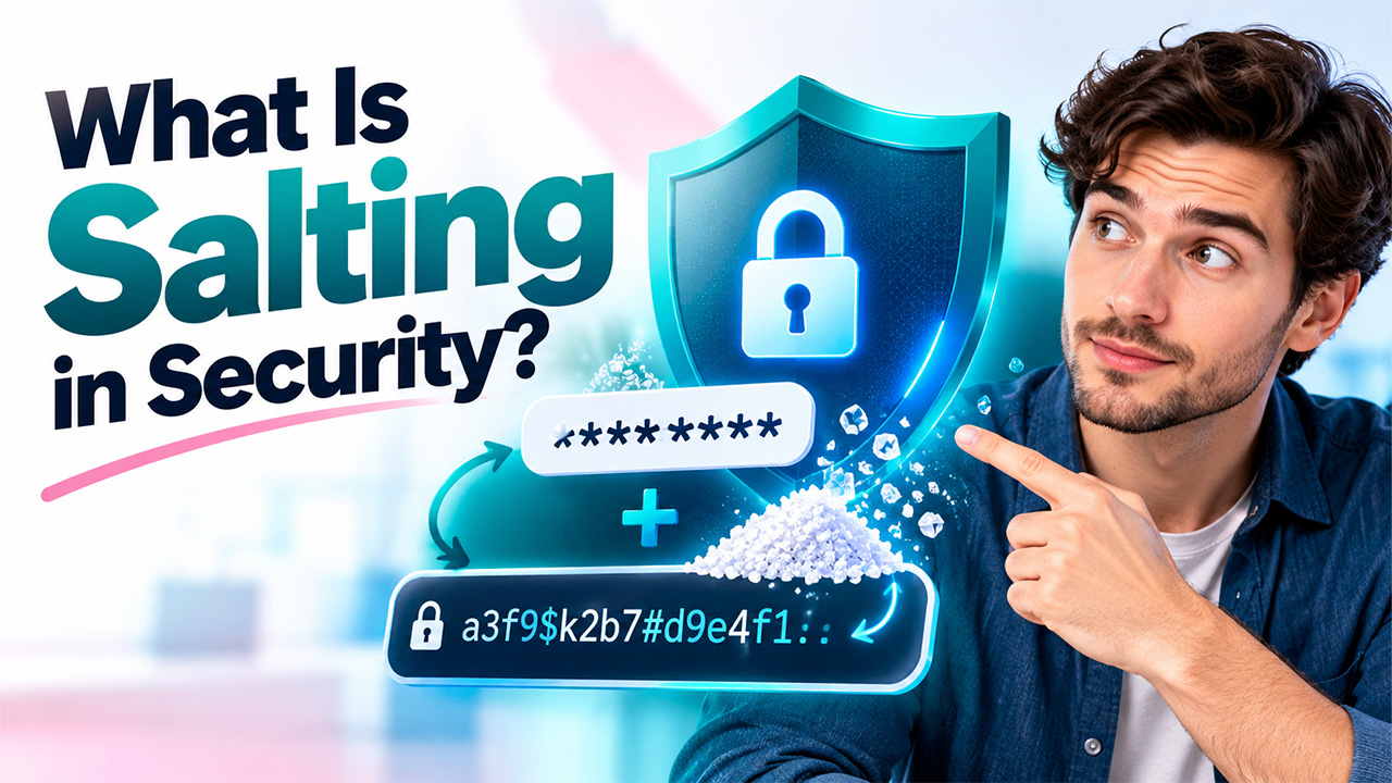 What Is Salting in Security illustrated with password hashing, a unique salt, and a digital security shield.
