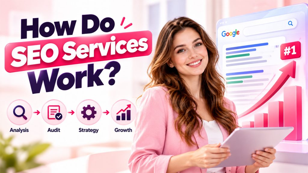 SEO Services workflow showing website analysis, SEO audits, strategy implementation, and performance tracking