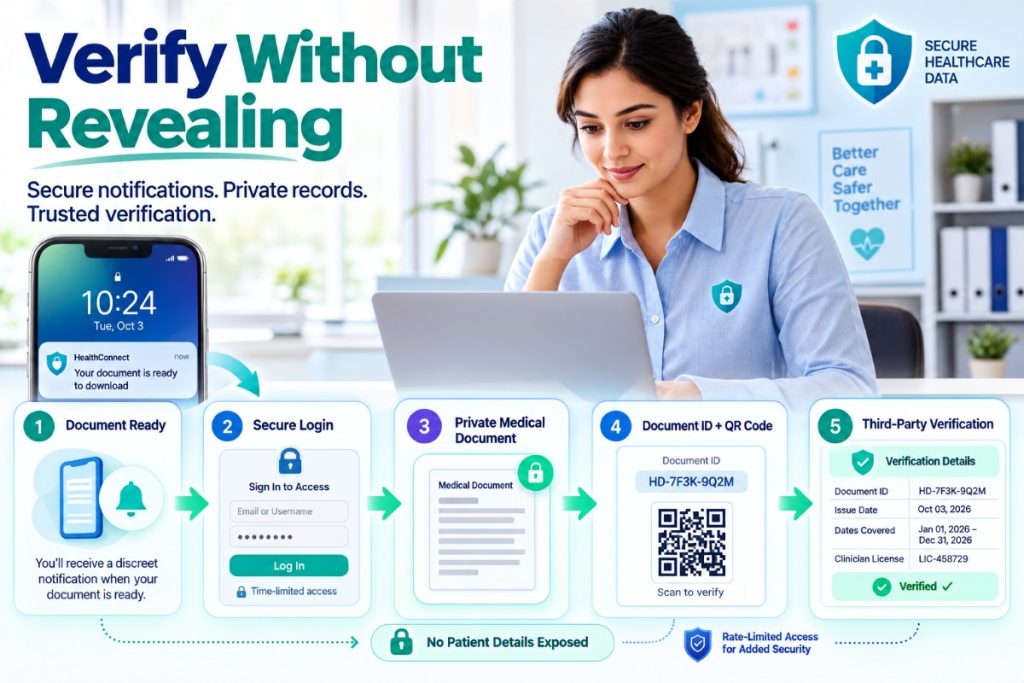 Telehealth privacy workflow for secure document verification and patient notifications