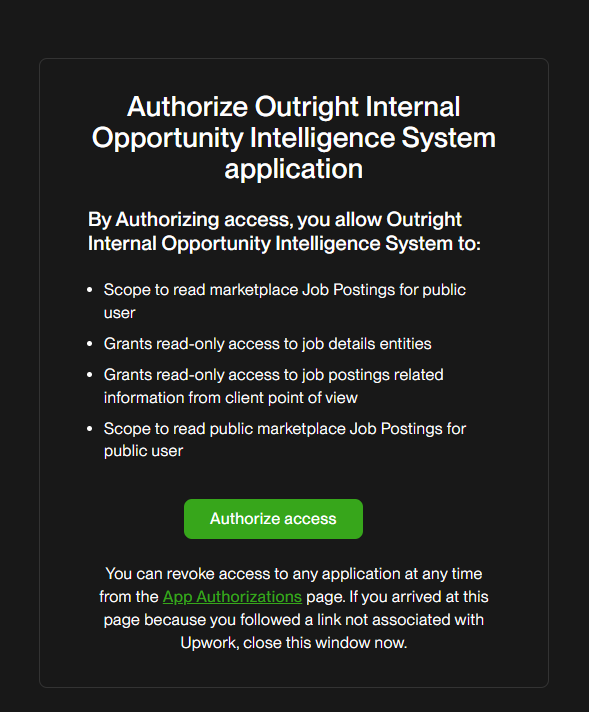 Upwork API Key setup and authorization process